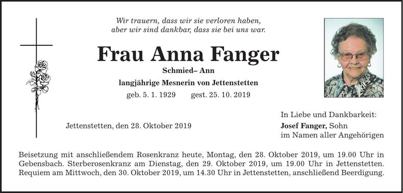 Traueranzeige Anna Fanger