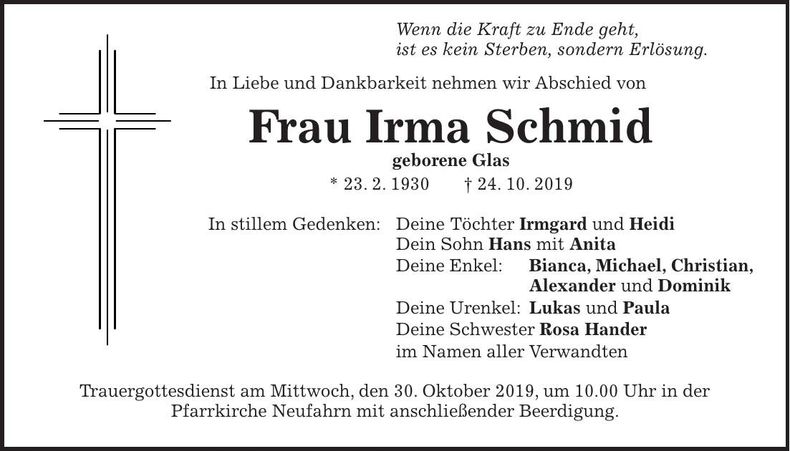 Traueranzeige Irma Schmid