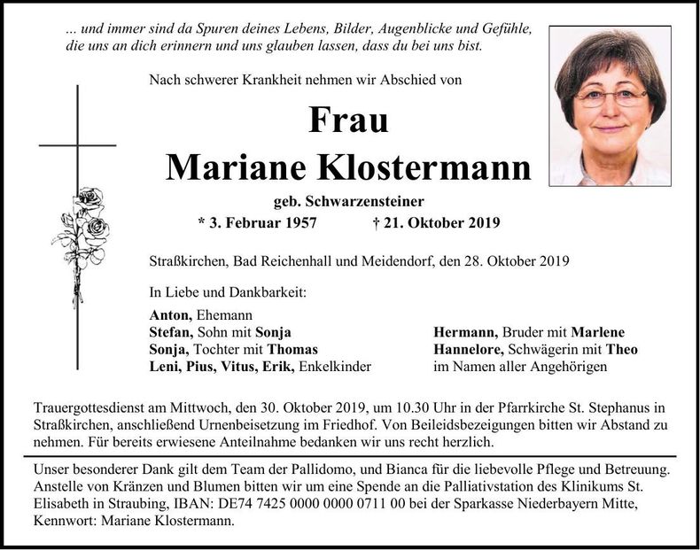 Traueranzeige Mariane Klostermann