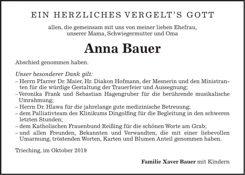 Traueranzeige Anna Bauer