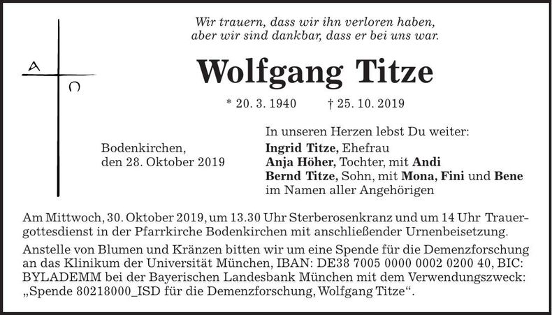 Traueranzeige Wolfgang Titze