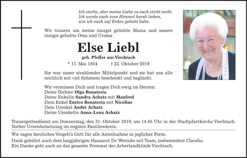 Traueranzeige Else Liebl