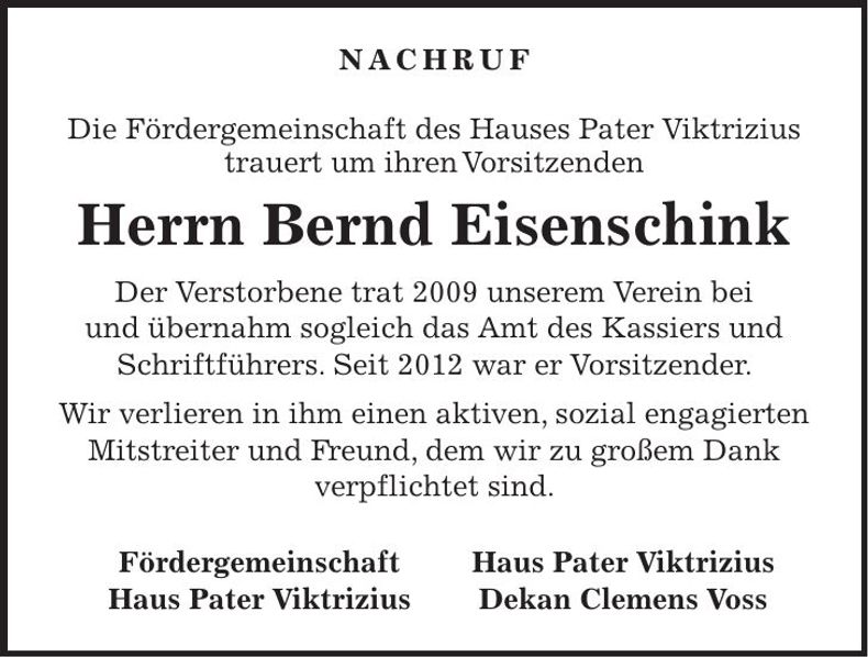 Traueranzeige Bernd Eisenschink