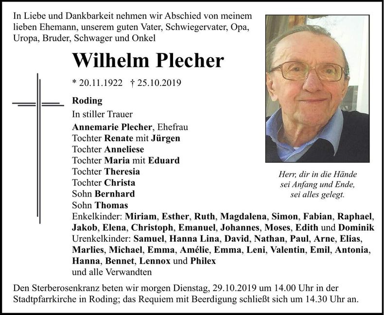 Traueranzeige Wilhelm Plecher