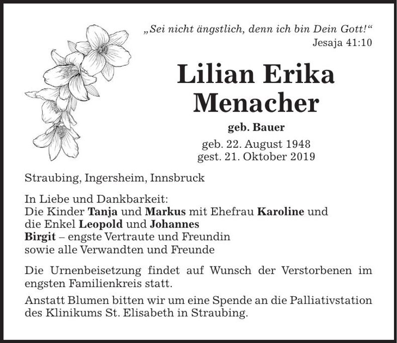 Traueranzeige Lilian Erika Menacher