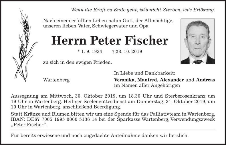 Traueranzeige Peter Fischer