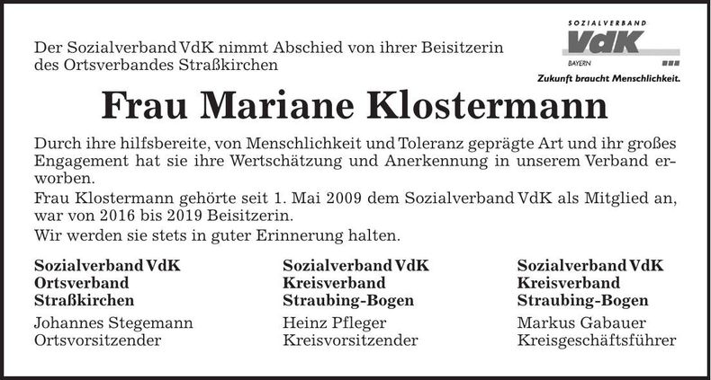 Traueranzeige Josefine Wegerer