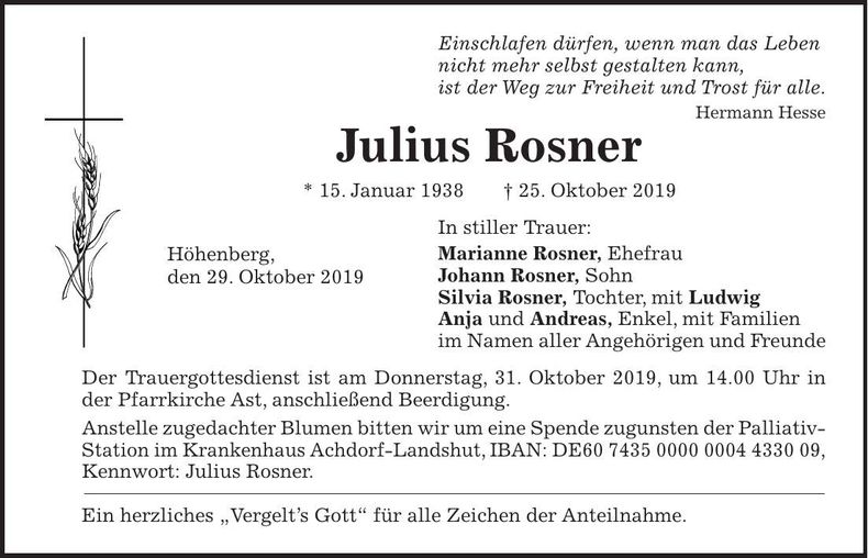 Traueranzeige Julius Rosner