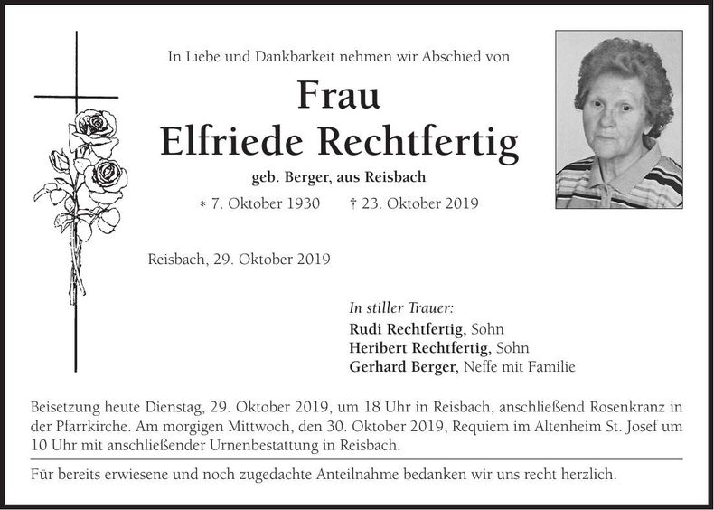 Traueranzeige Elfriede Rechtfertig