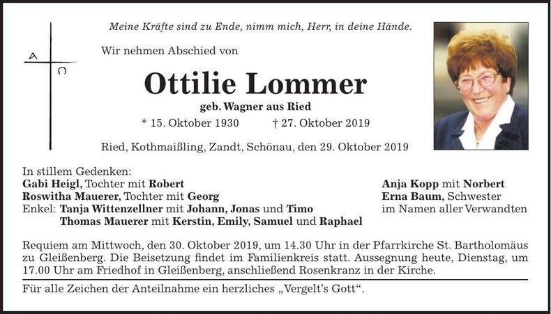 Traueranzeige Ottilie Lommer