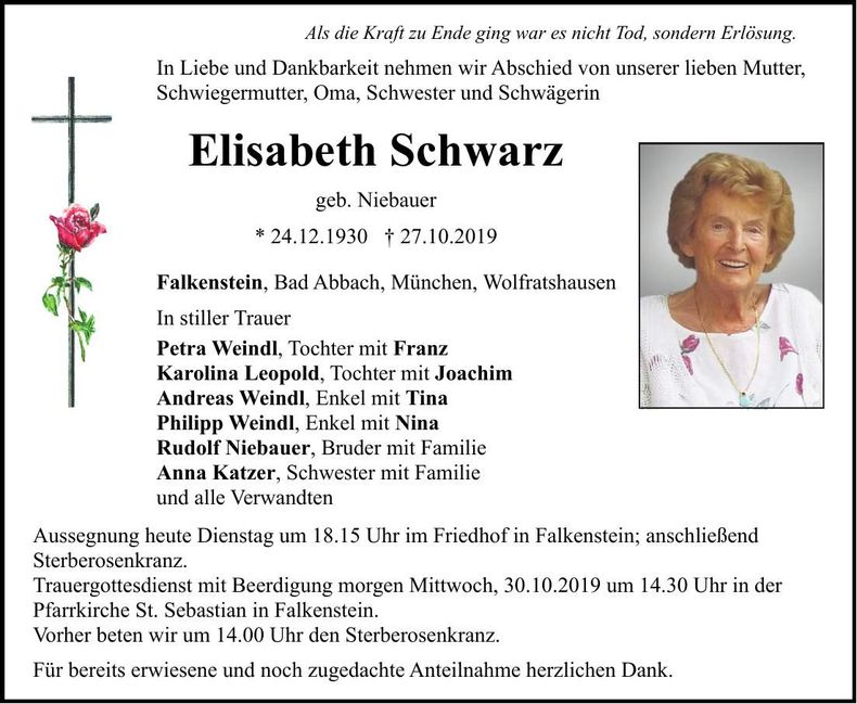 Traueranzeige Elisabeth Schwarz