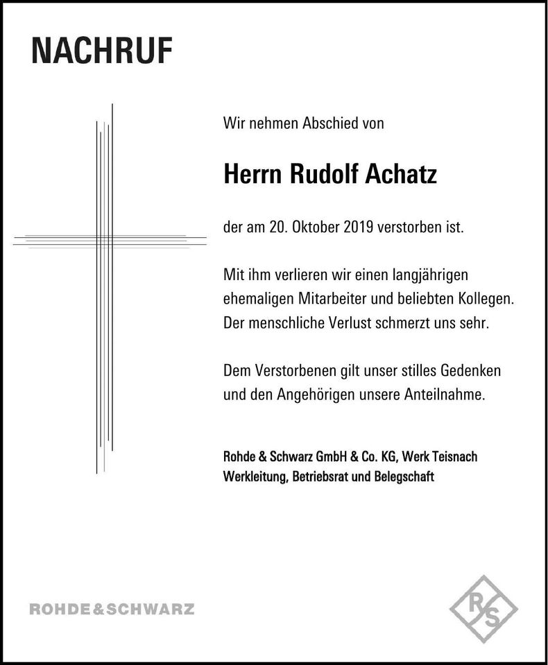 Traueranzeige Achatz Rudolf