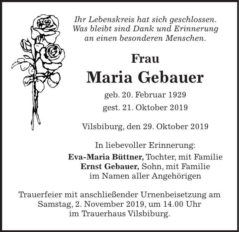 Traueranzeige Maria Gebauer