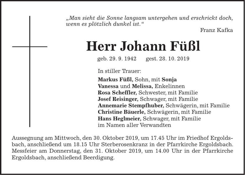 Traueranzeige Johann Füßl