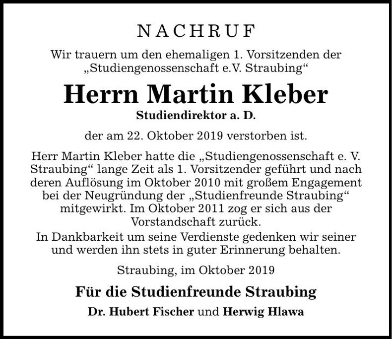 Traueranzeige Martin Kleber