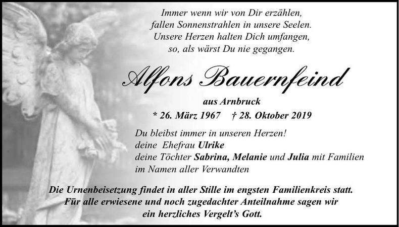 Traueranzeige Bauernfeind Alfons