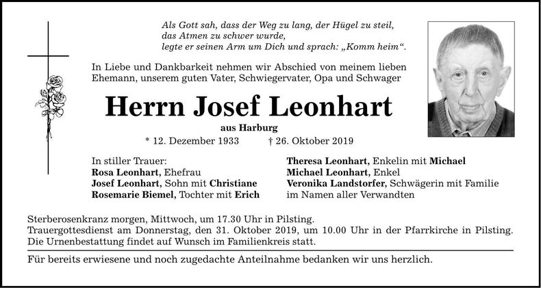 Traueranzeige Josef Leonhart