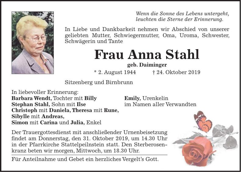 Traueranzeige Anna Stahl