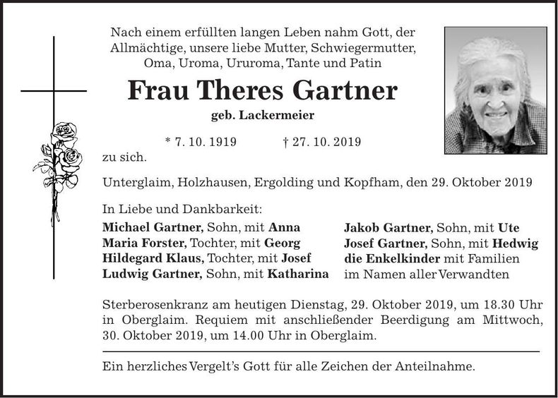 Traueranzeige Theres Gartner