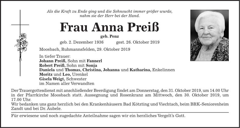 Traueranzeige Preiß Anna
