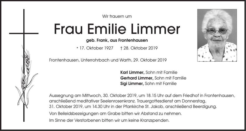 Traueranzeige Emilie Limmer