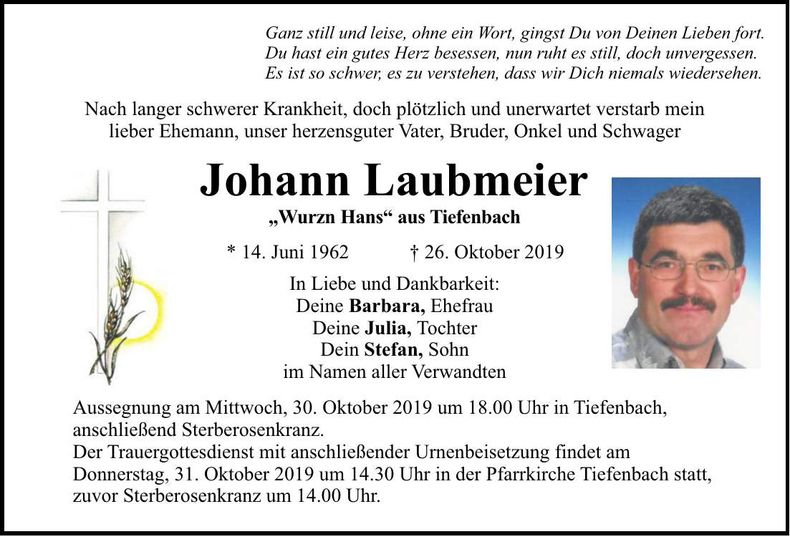 Traueranzeige Johann Laubmeier
