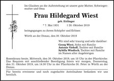 Traueranzeige Hildegard Wiest