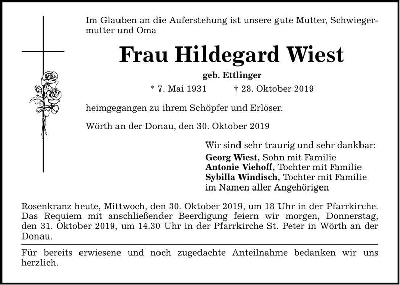 Traueranzeige Hildegard Wiest