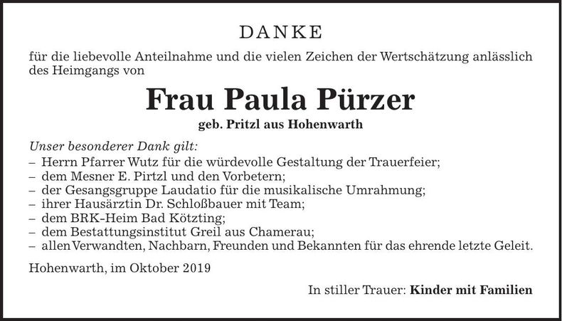 Traueranzeige Paula Pürzer