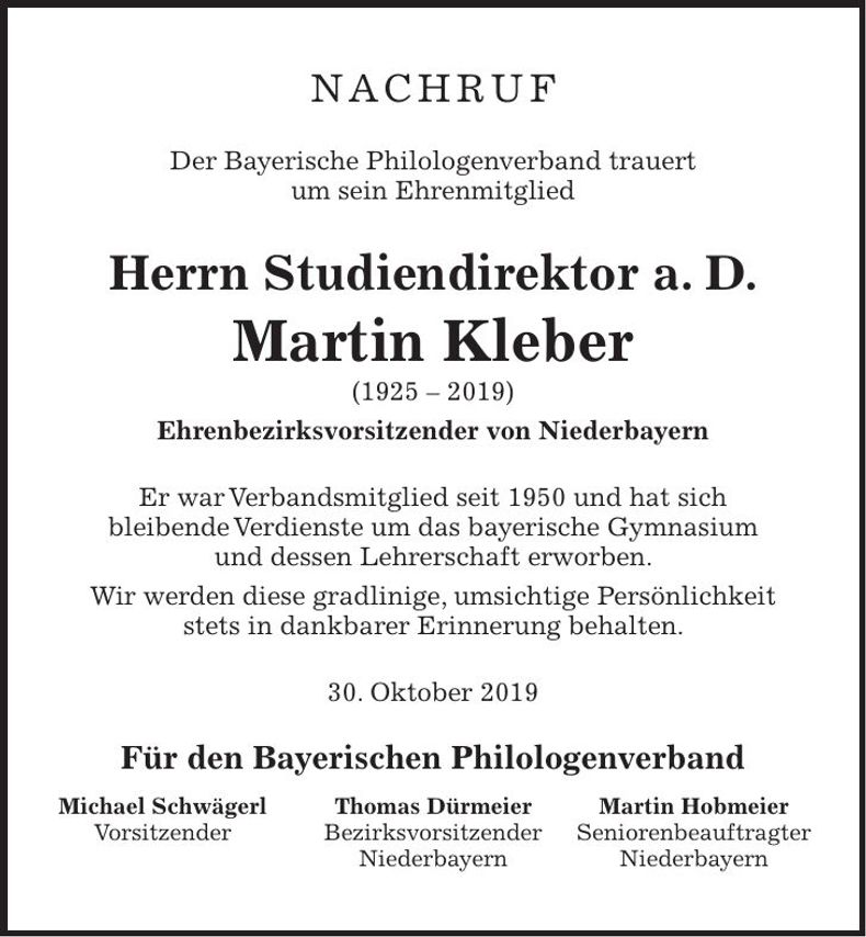 Traueranzeige Martin Kleber