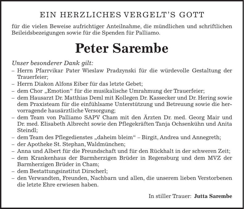 Traueranzeige Peter Sarembe