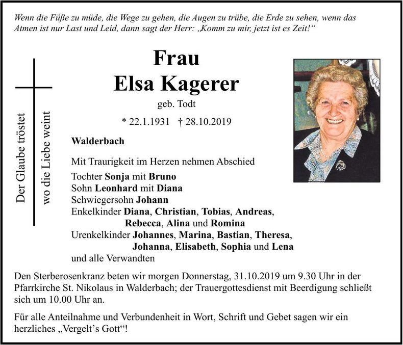 Traueranzeige Elsa Kagerer