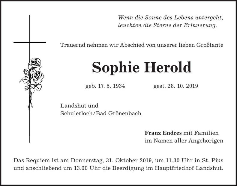 Traueranzeige Sophie Herold