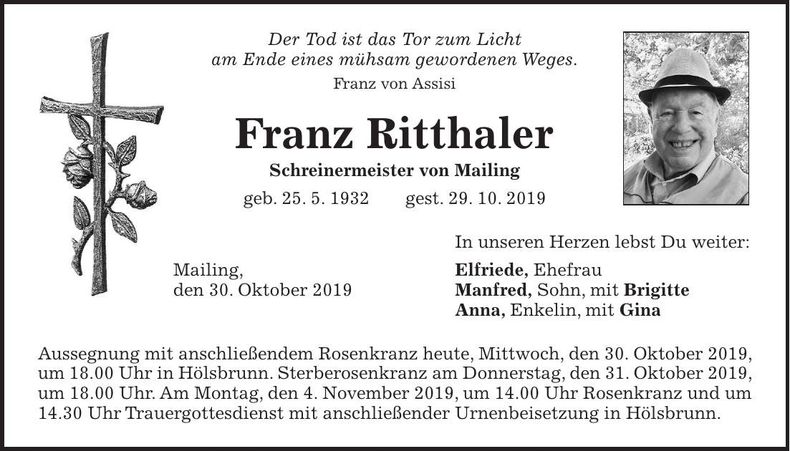 Traueranzeige Franz Ritthaler