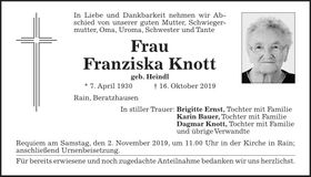 Traueranzeige Franziska Knott
