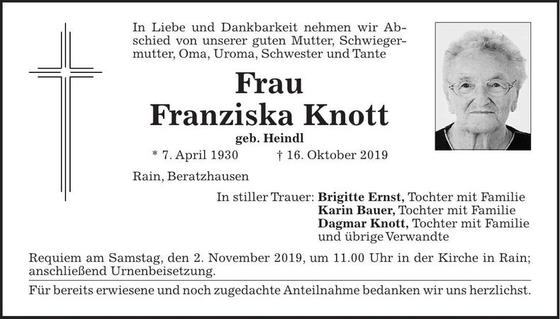 Traueranzeige Franziska Knott