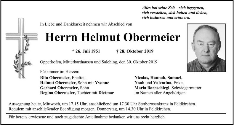 Traueranzeige Helmut Obermeier