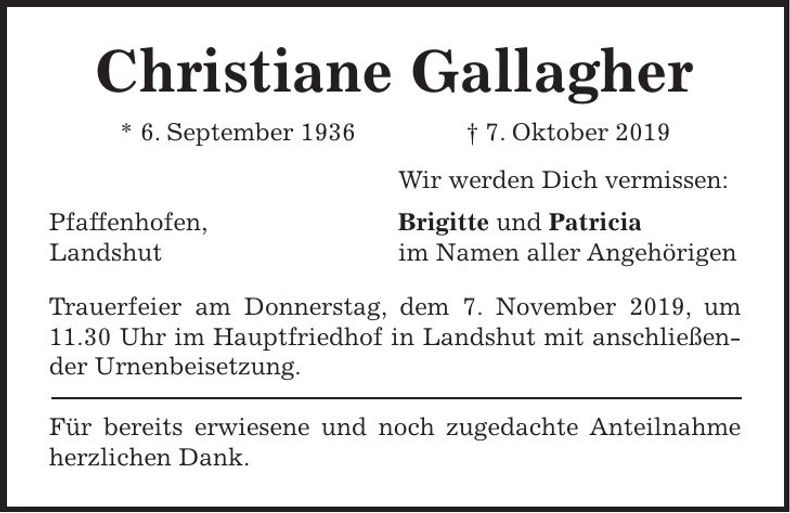 Traueranzeige Christiane Gallagher