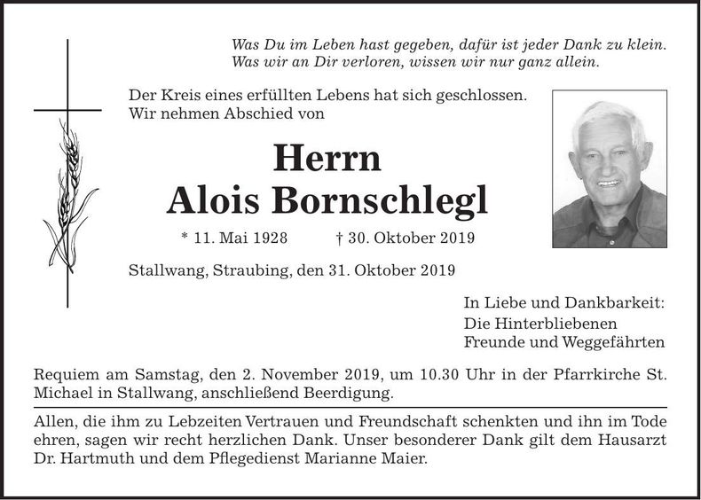 Traueranzeige Alois Bornschlegl