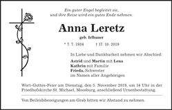 Traueranzeige Anna Leretz