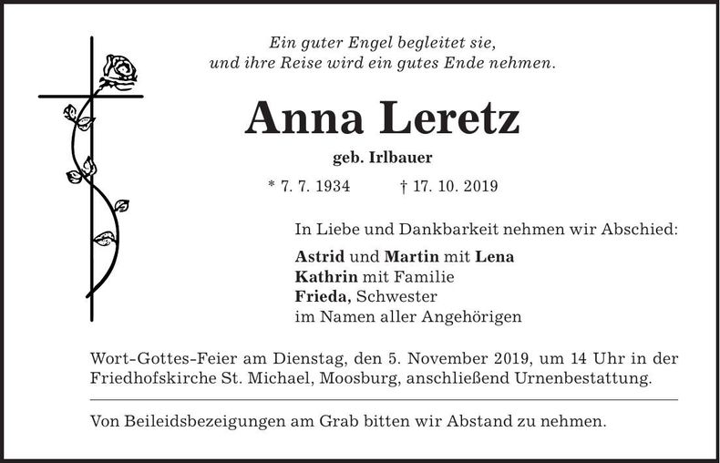 Traueranzeige Anna Leretz