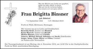Traueranzeige Brigitta Binsner