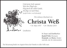 Traueranzeige Christa Weß