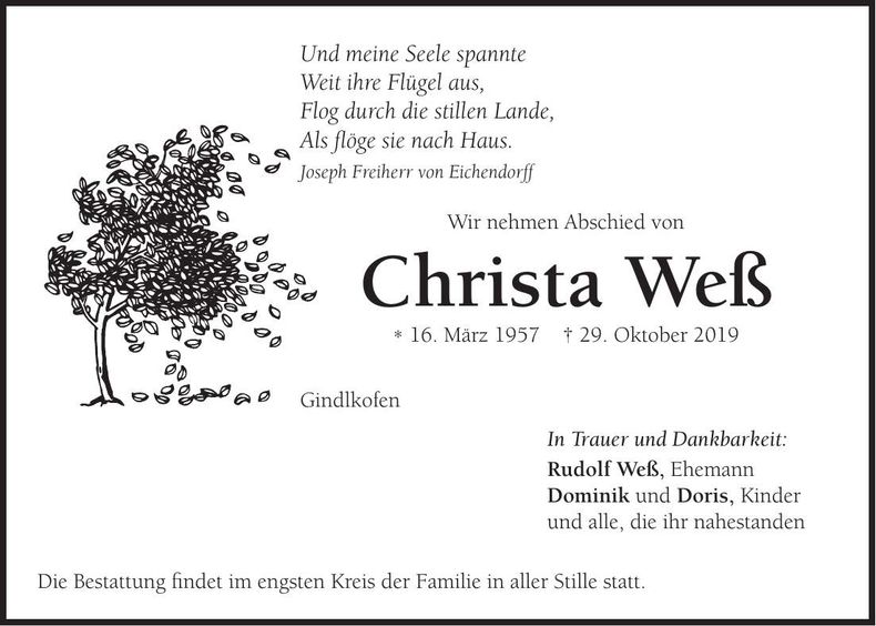 Traueranzeige Christa Weß