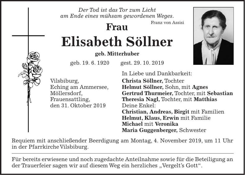 Traueranzeige Elisabeth Söllner