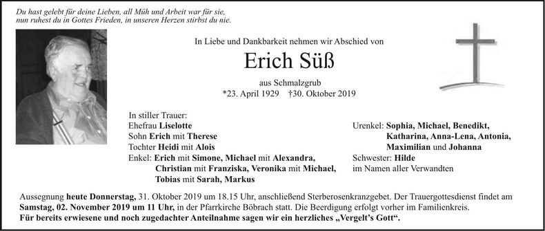 Traueranzeige Süss Erich