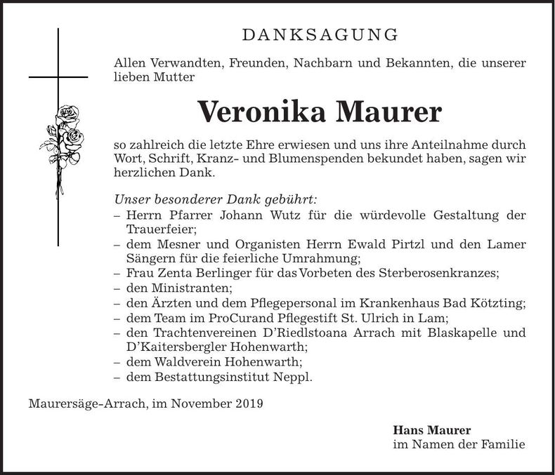 Traueranzeige Veronika Maurer
