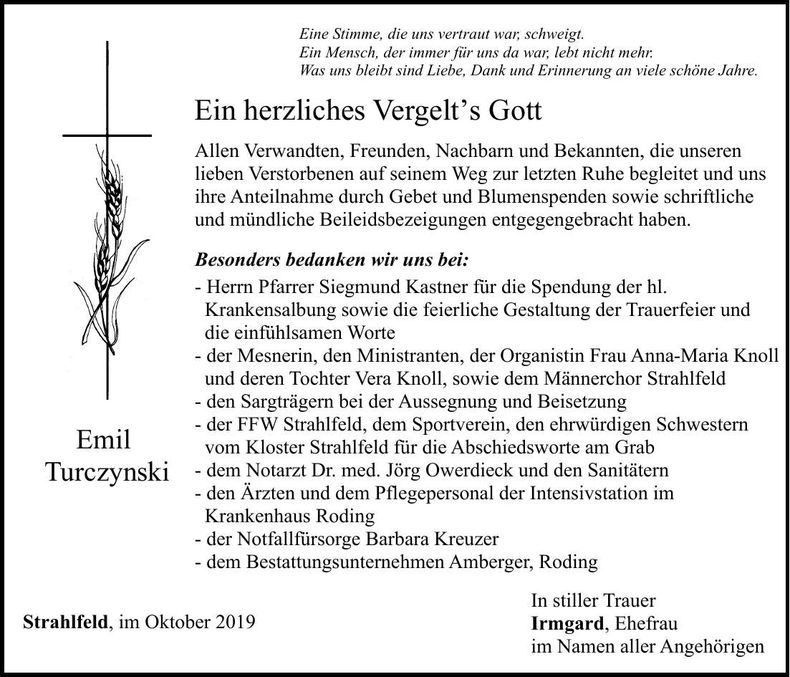 Traueranzeige Emil Turczynski