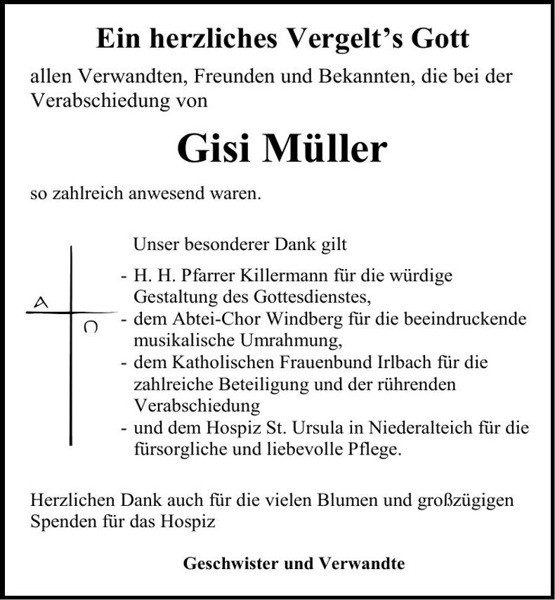 Traueranzeige Gisi Müller