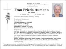 Traueranzeige Frieda Aumann